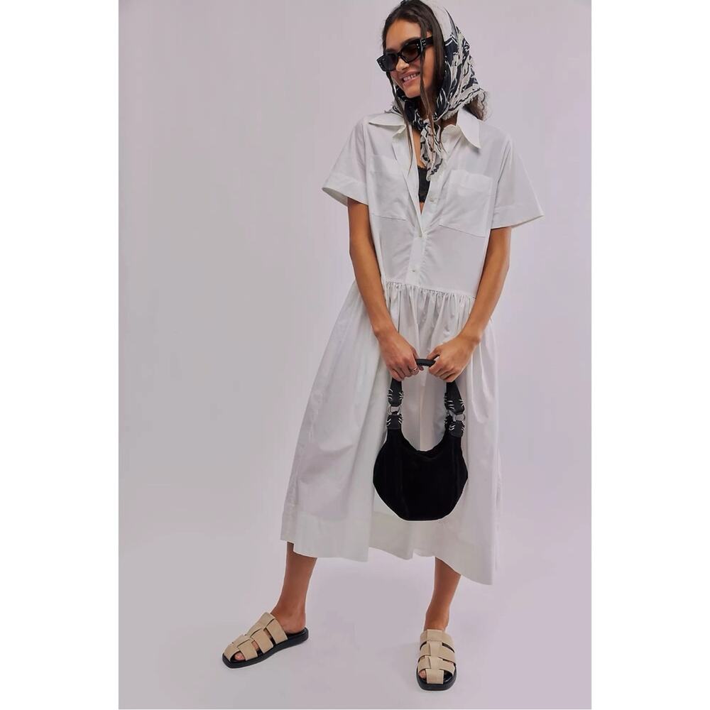 Free People Alohas Bay Midi Poplin Shirt Dress White Summer Preppy Medium